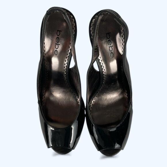 Bebe Zahara Black Patent Leather Stiletto Platform Slingback Peep-toe Heels 8M - Picture 4 of 7
